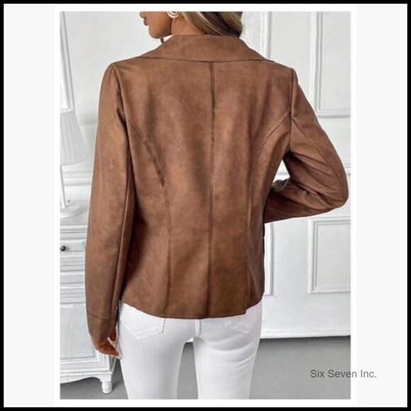 Faux Suede Blazer Jacket with Notch Collar and Open Front - Picture 3 of 5